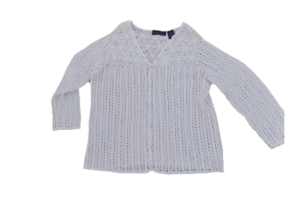 Laura Scott white crocheted cardigan sweater size XL